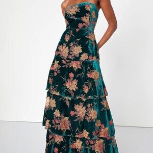 Real Allure Emerald Floral Burnout Velvet Strapless Maxi Dress